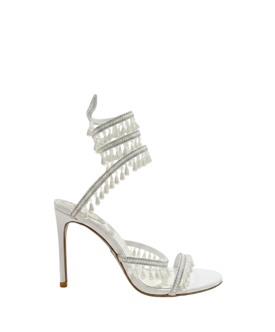Chandelier embellished White satin sandals with rhinestones