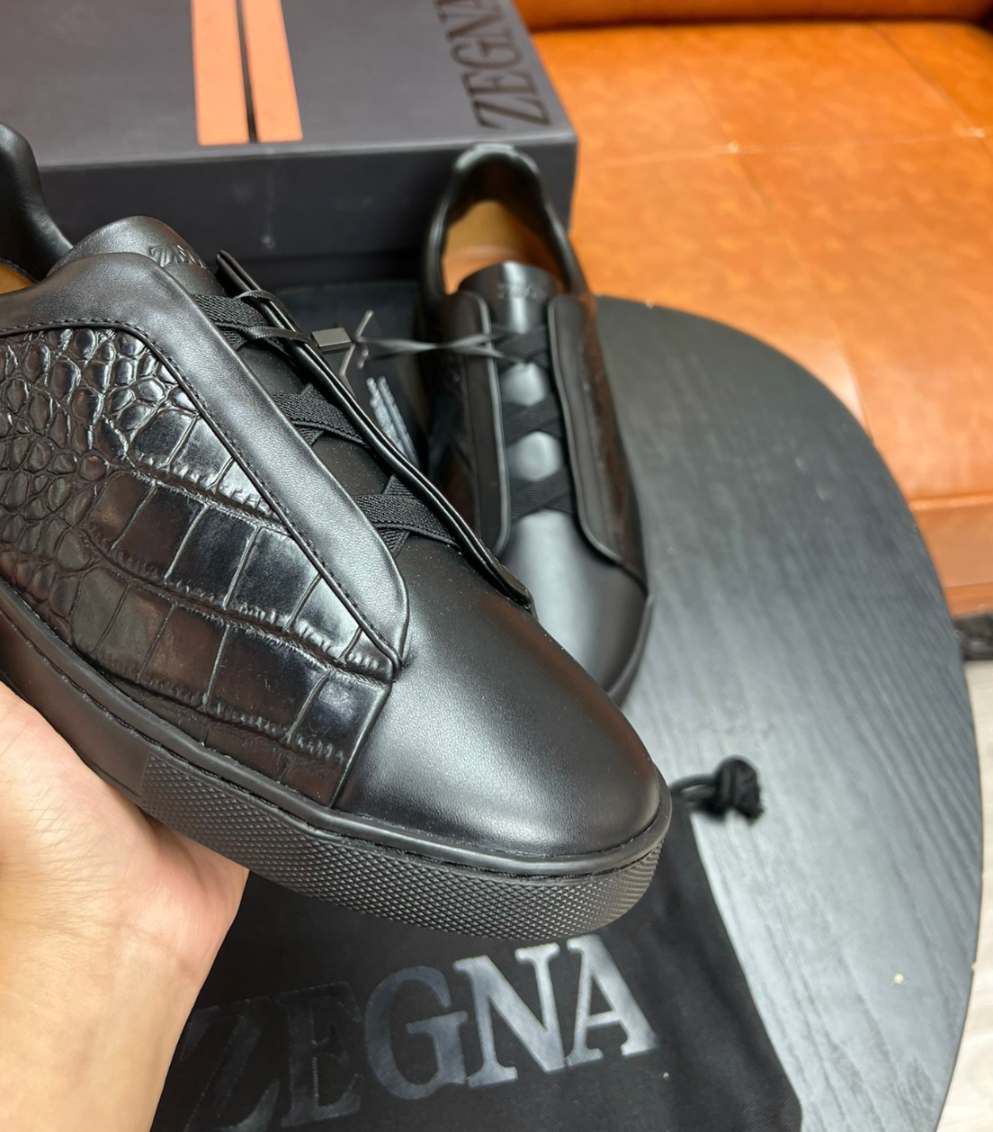 Ermenegildo Zegna Dimensions Black Crocodile Leather Triple Stitch