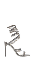 Chandelier embellished Grey satin sandals with clear rhinestones
