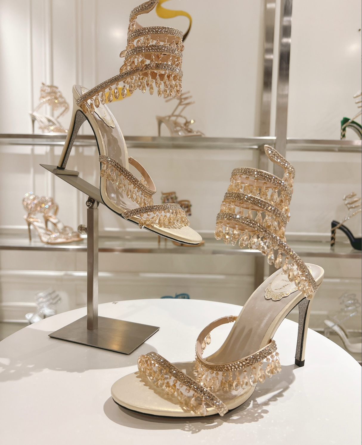 Chandelier embellished Taupe satin sandals with rhinestones