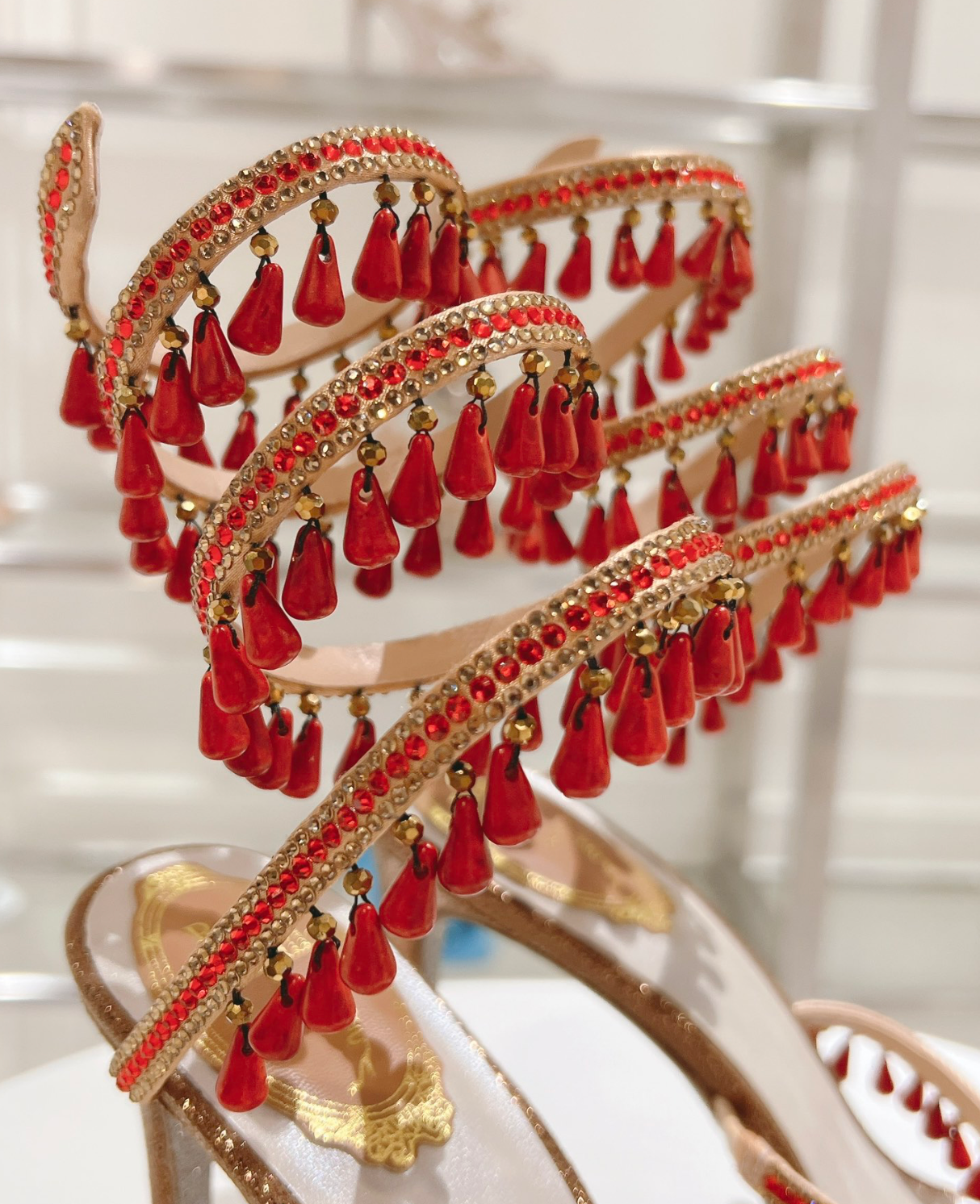 Chandelier embellished Bronze satin sandals with Red rhinestones