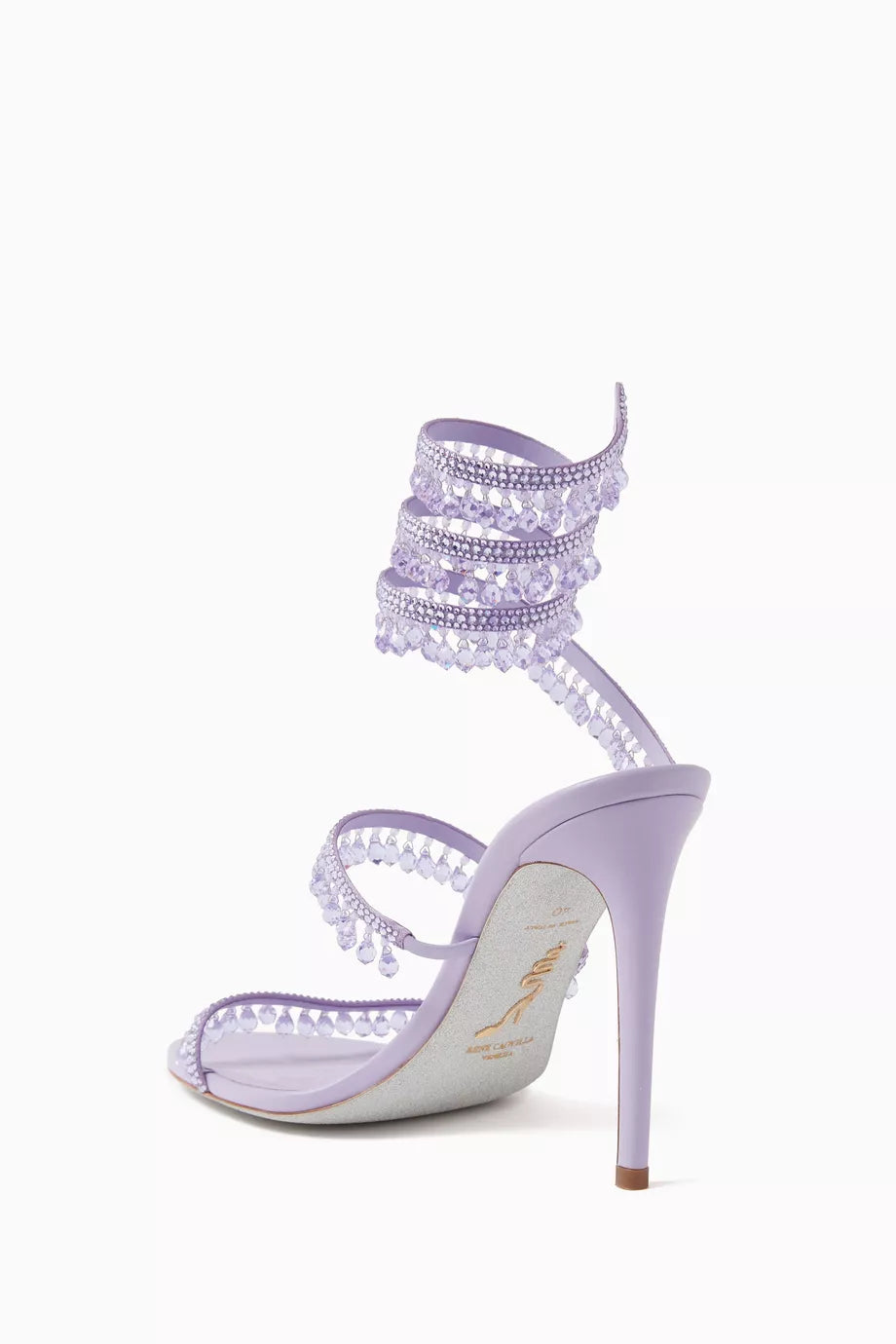 Chandelier embellished Lilac satin sandals with rhinestones