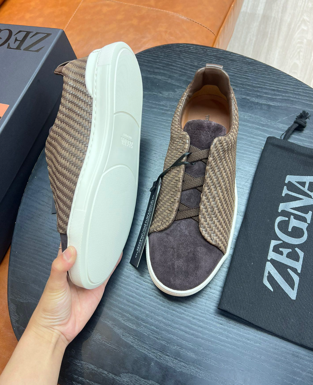 Ermenegildo Zegna Brown Triple stitch PELLETESSUTA Leather and suede