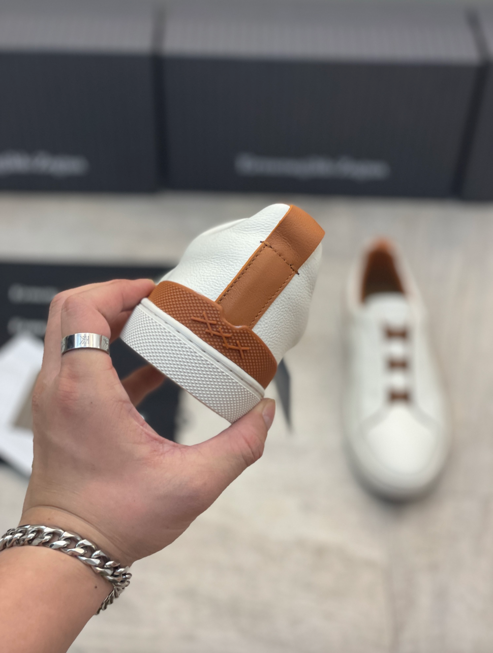 Ermenegildo Zegna white deerskin triple stitch