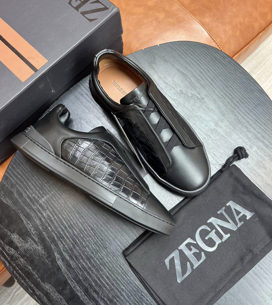Ermenegildo Zegna Black Crocodile Leather Triple Stitch