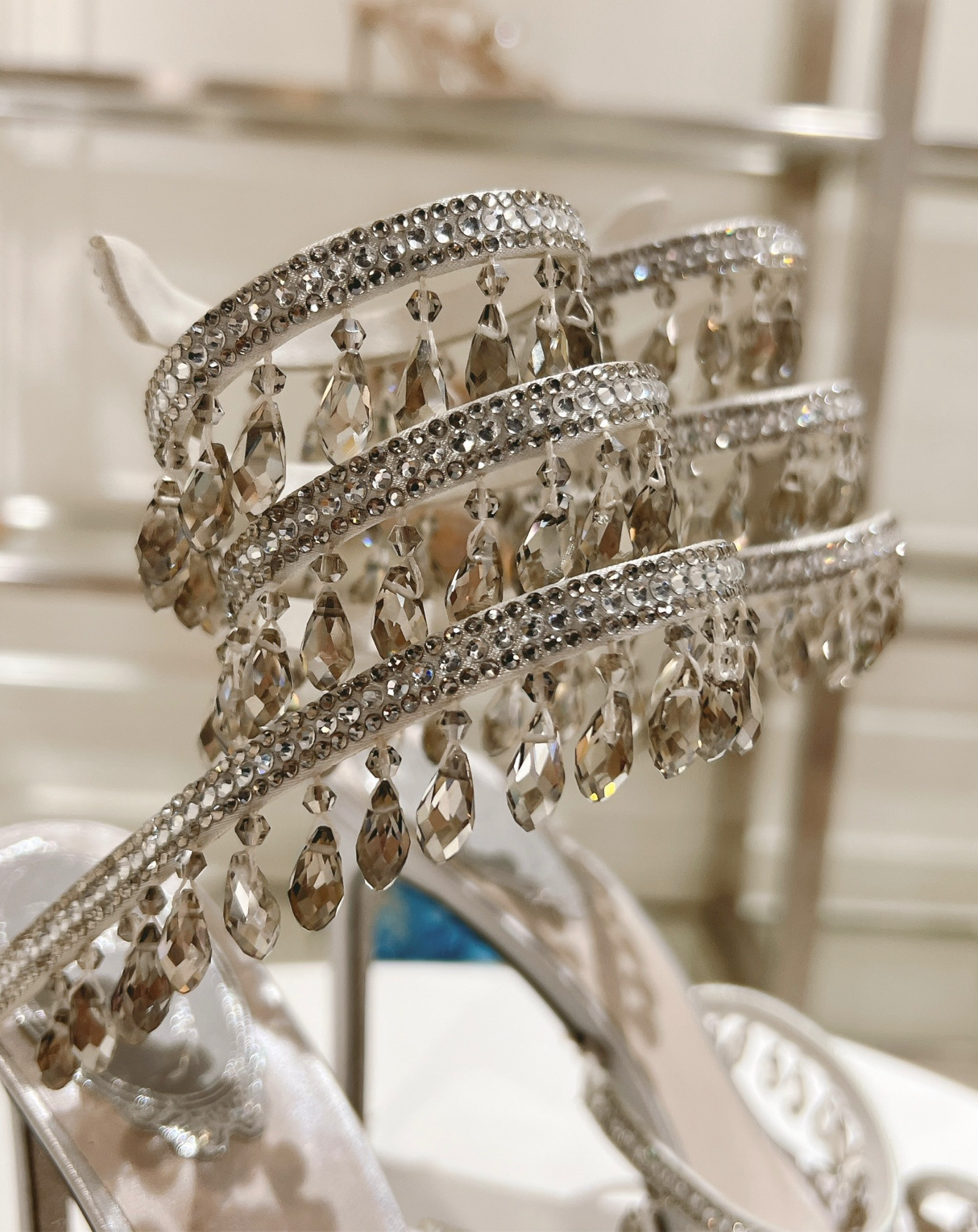 Chandelier embellished Silver satin sandals with rhinestones