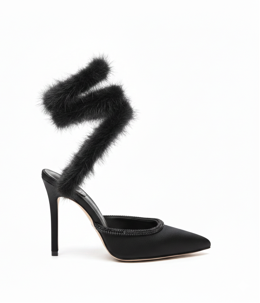 Cleo Fur-Trimmed Pump Stiletto Sandals in Black