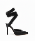 Cleo Fur-Trimmed Pump Stiletto Sandals in Black