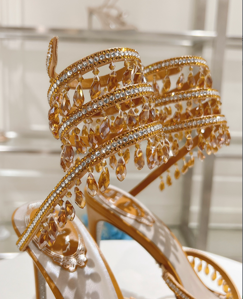 Chandelier embellished Mustard-Tan satin sandals with rhinestones