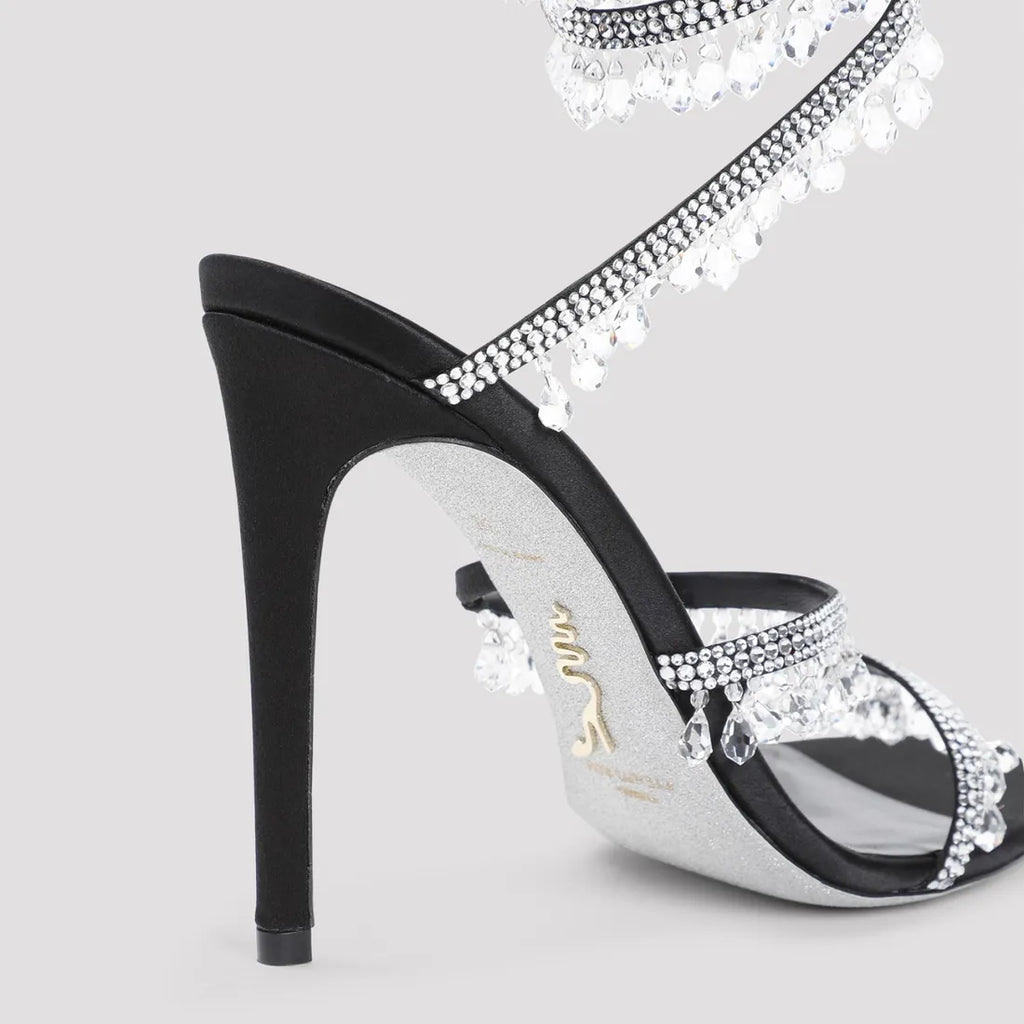 Chandelier embellished Black satin sandals with clear rhinestones