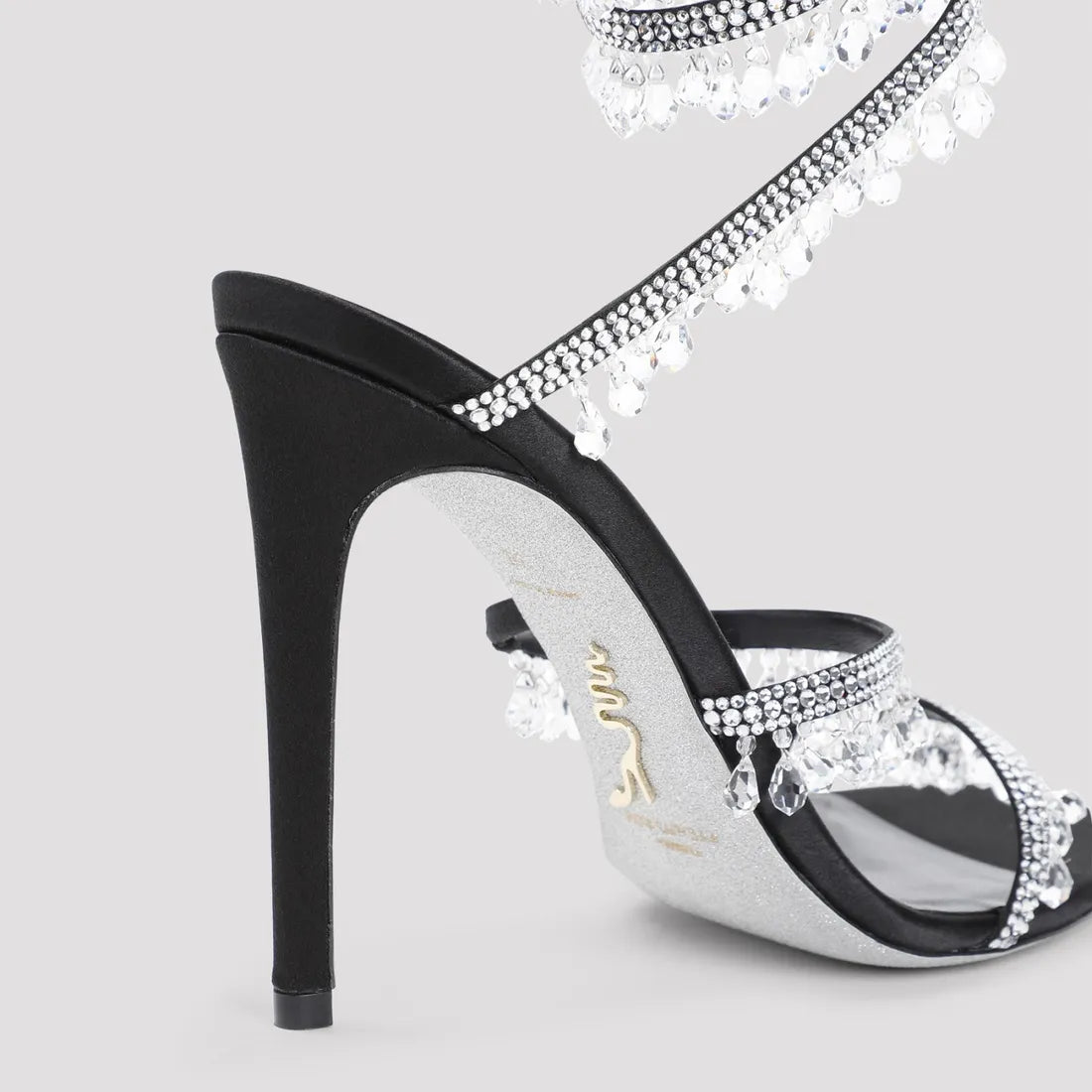 Chandelier embellished Black satin sandals with clear rhinestones