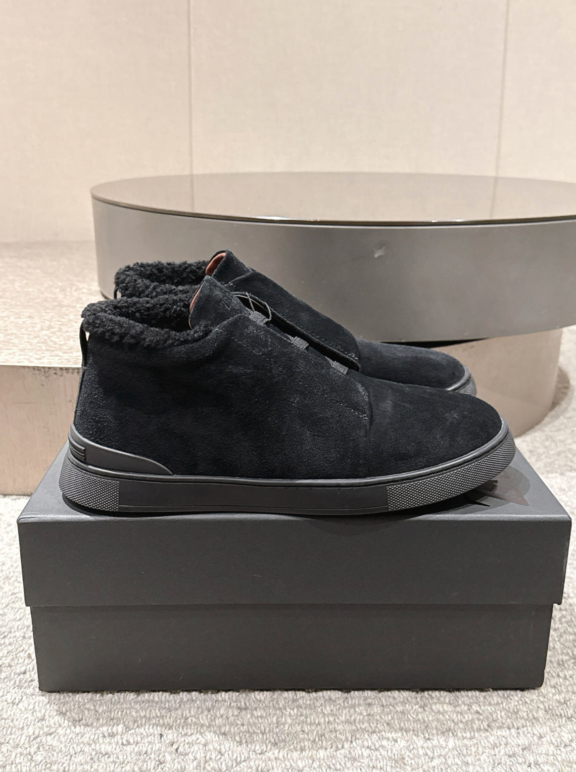 Ermenegildo Zegna black suede deerskin wool Triple Stitch mid-top