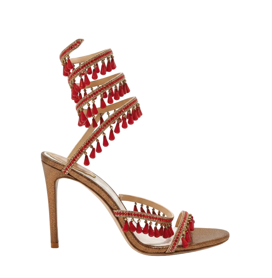 Chandelier embellished Bronze satin sandals with Red rhinestones