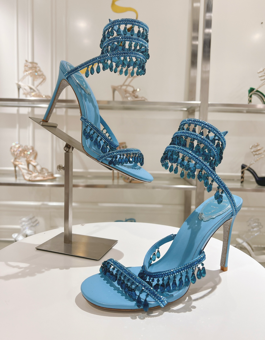 Chandelier embellished Blue satin sandals with rhinestones