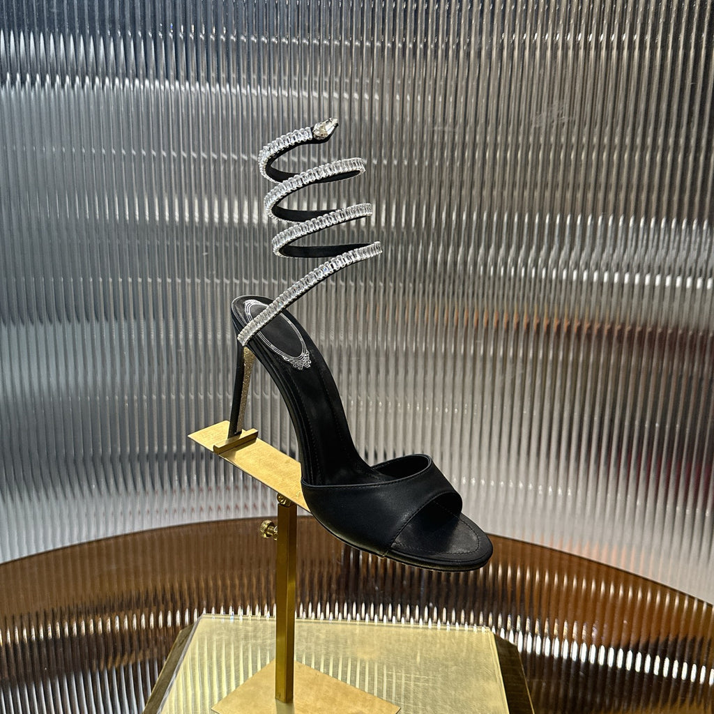 Cleo Spark stiletto sandal in Black Leather with rhinestone embellishments