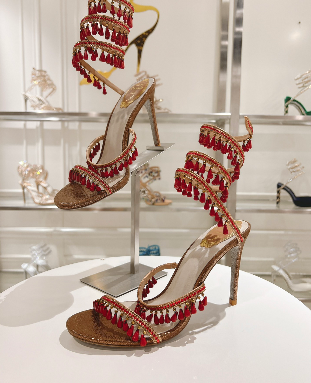 Chandelier embellished Bronze satin sandals with Red rhinestones