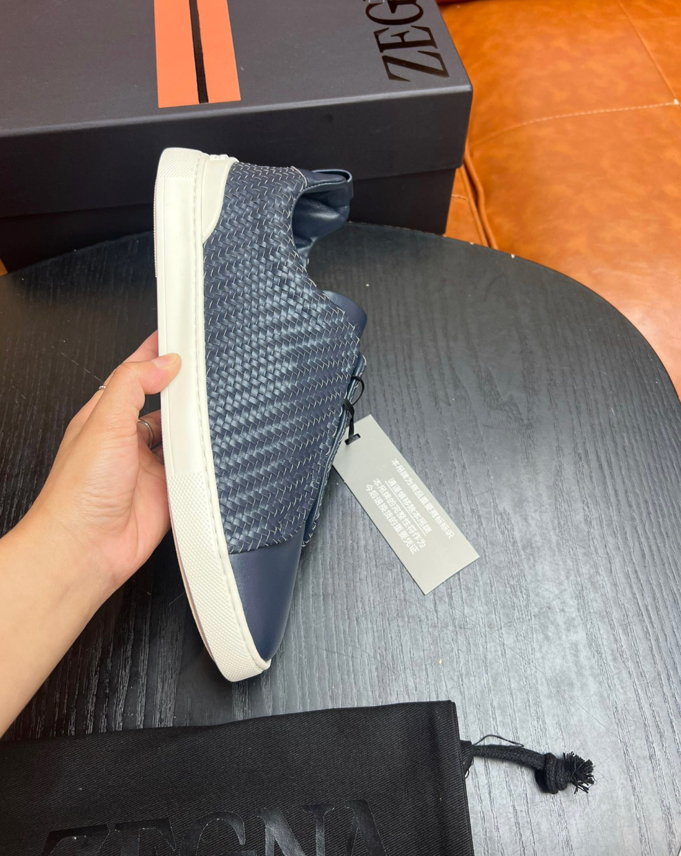 Ermenegildo Zegna Navy Triple stitch PELLETESSUTA Leather