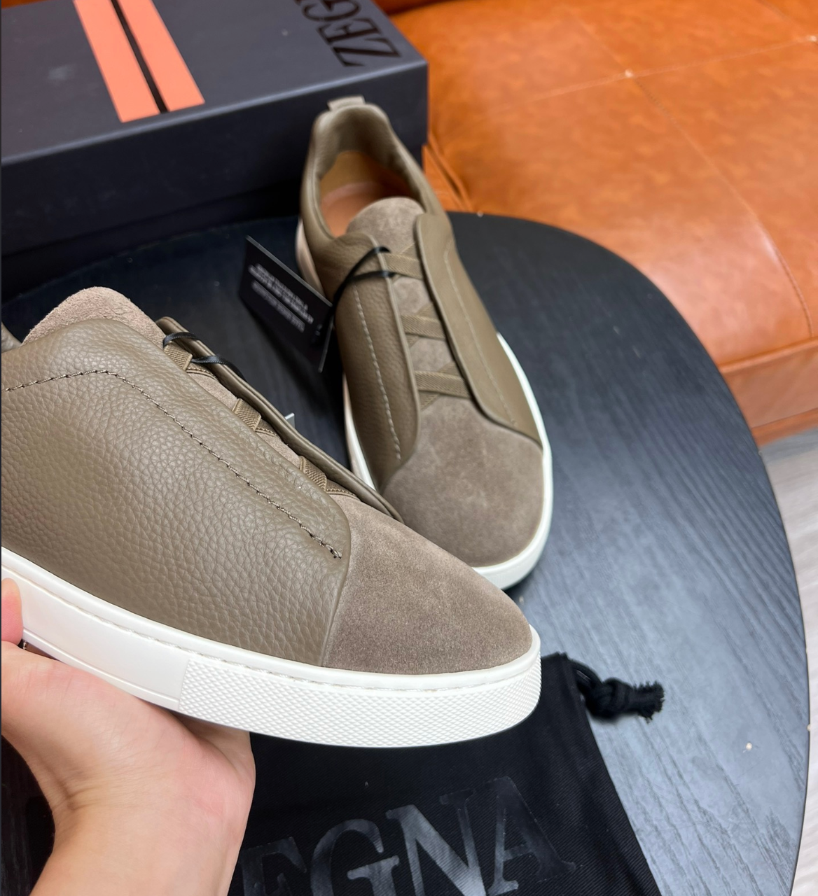 Ermenegildo Zegna Olive Green Triple stitch Leather & suede