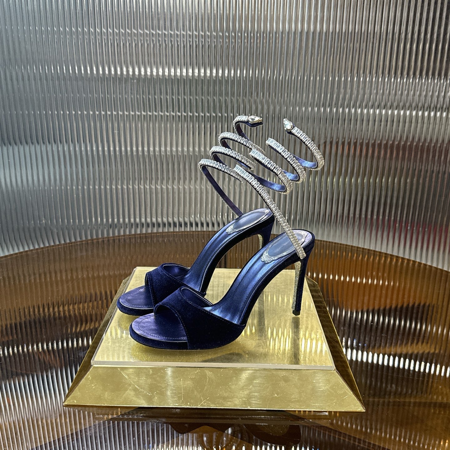 Cleo Spark stiletto sandal in Navy Blue velvet with rhinestone embellishments