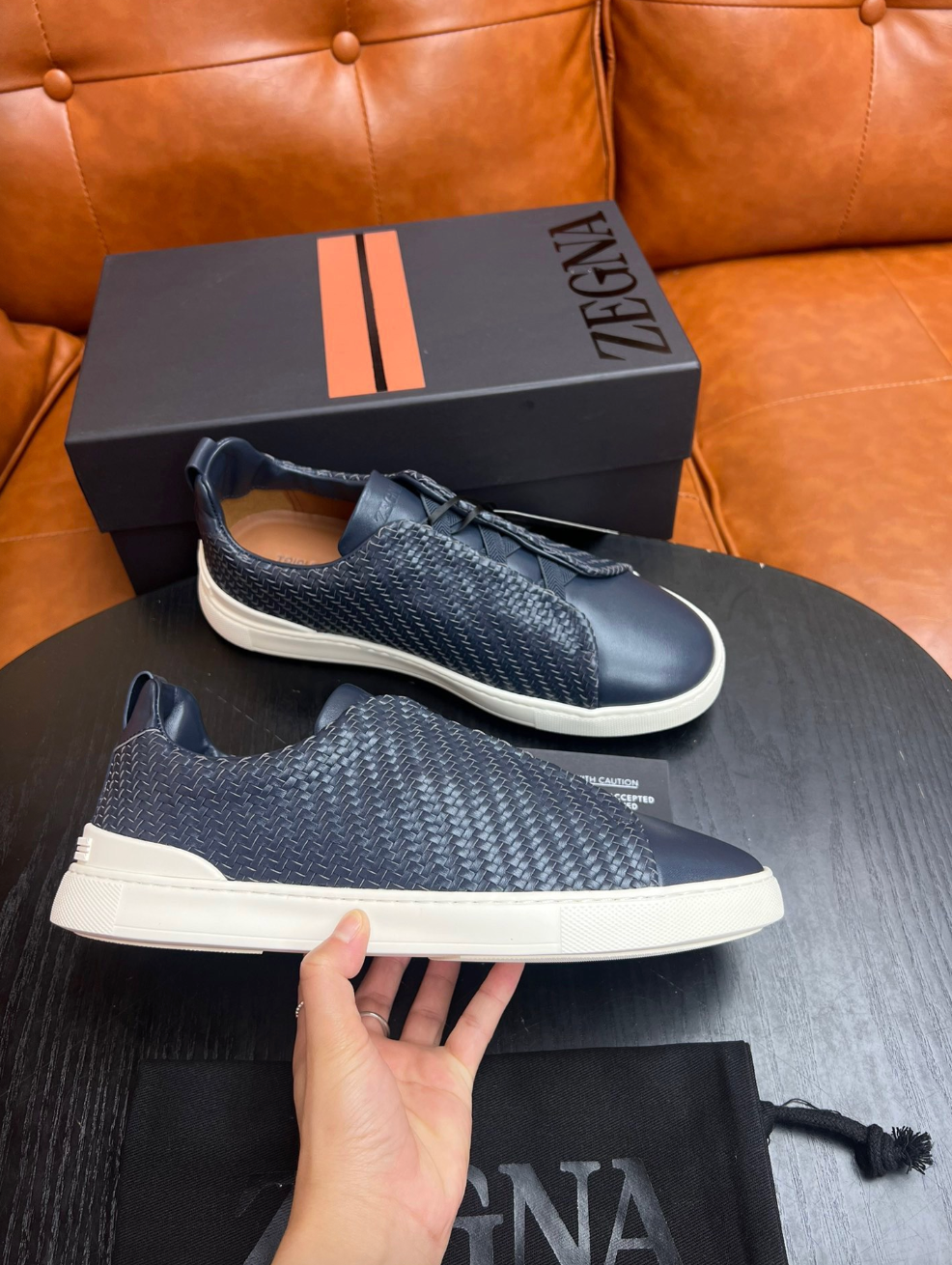 Ermenegildo Zegna Navy Triple stitch PELLETESSUTA Leather