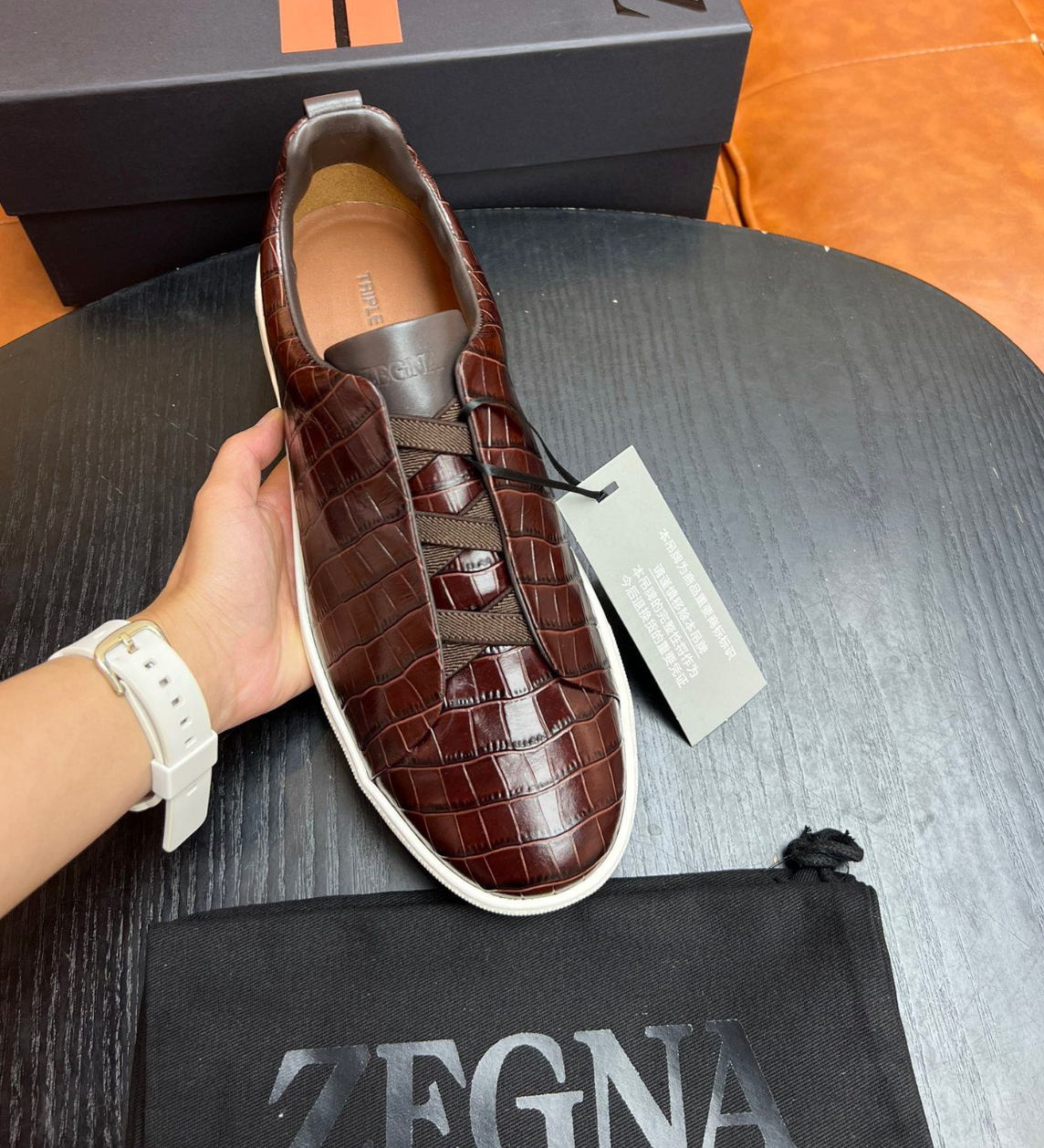 Ermenegildo Zegna Brown Crocodile Leather Triple Stitch