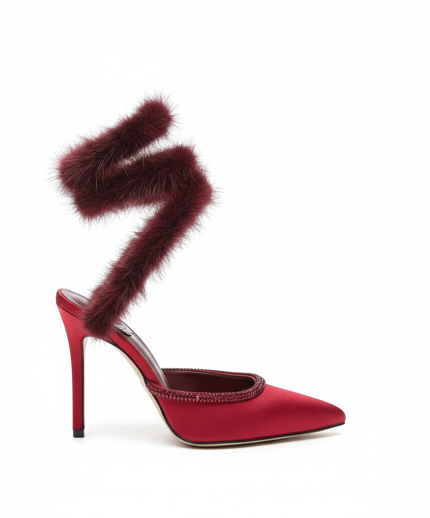 Cleo Fur-Trimmed Pump Stiletto Sandals in Burgundy