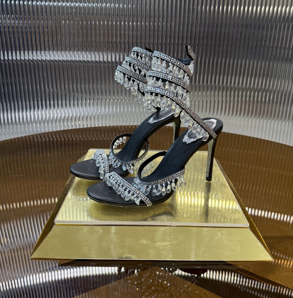 Chandelier embellished Black satin sandals with clear rhinestones