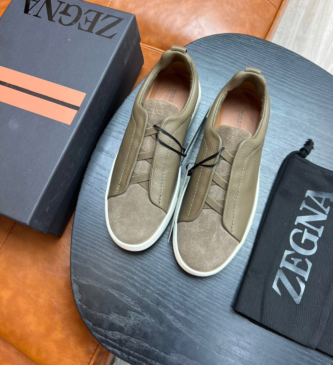 Ermenegildo Zegna Olive Green Triple stitch Leather & suede