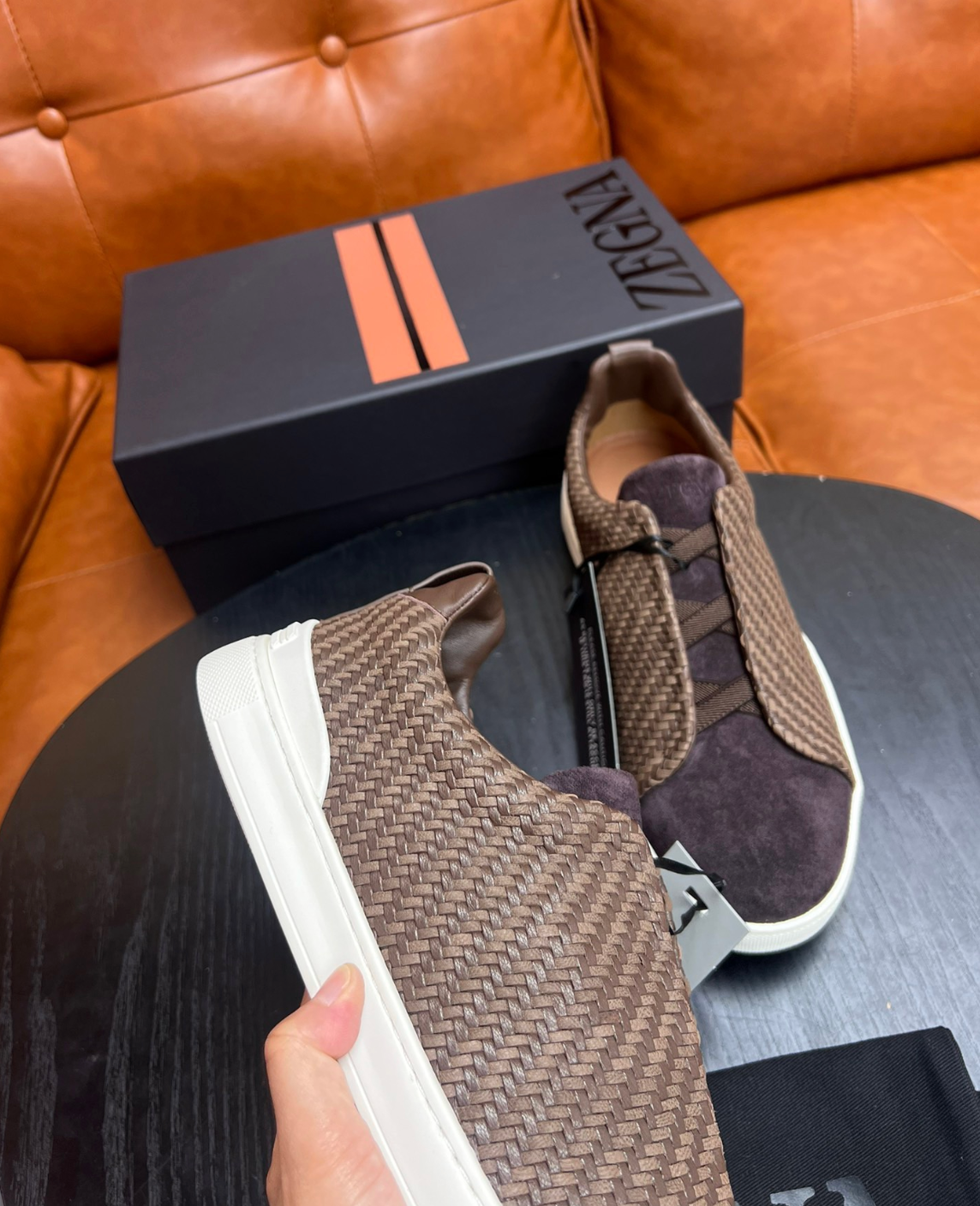 Ermenegildo Zegna Brown Triple stitch PELLETESSUTA Leather and suede