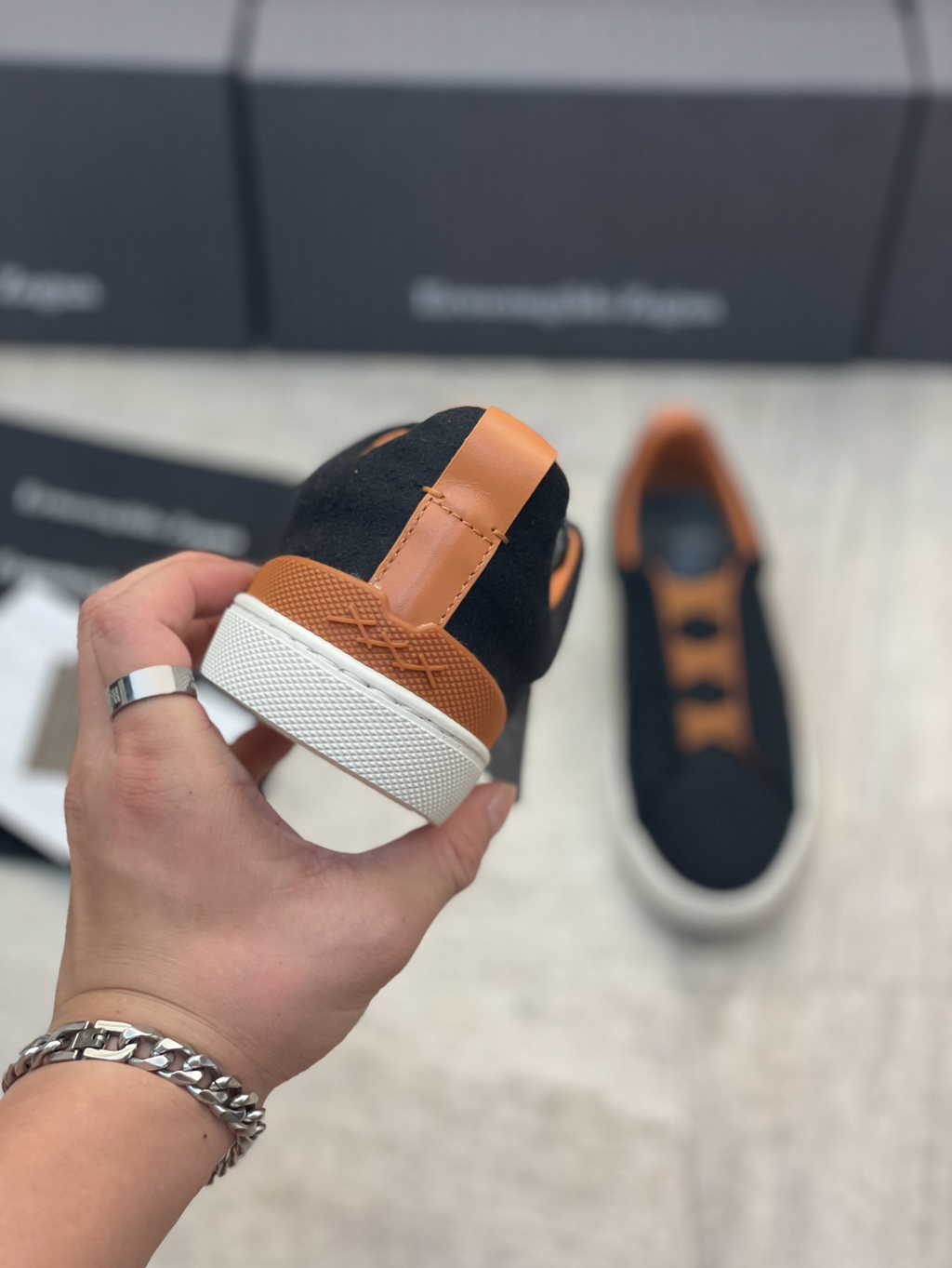 Ermenegildo Zegna dark blue triple brown stitch Wool-Vicuna