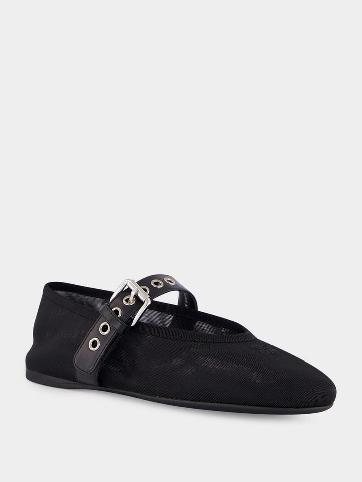 MIU MIU Black Mesh Ballerinas With Leather Strap