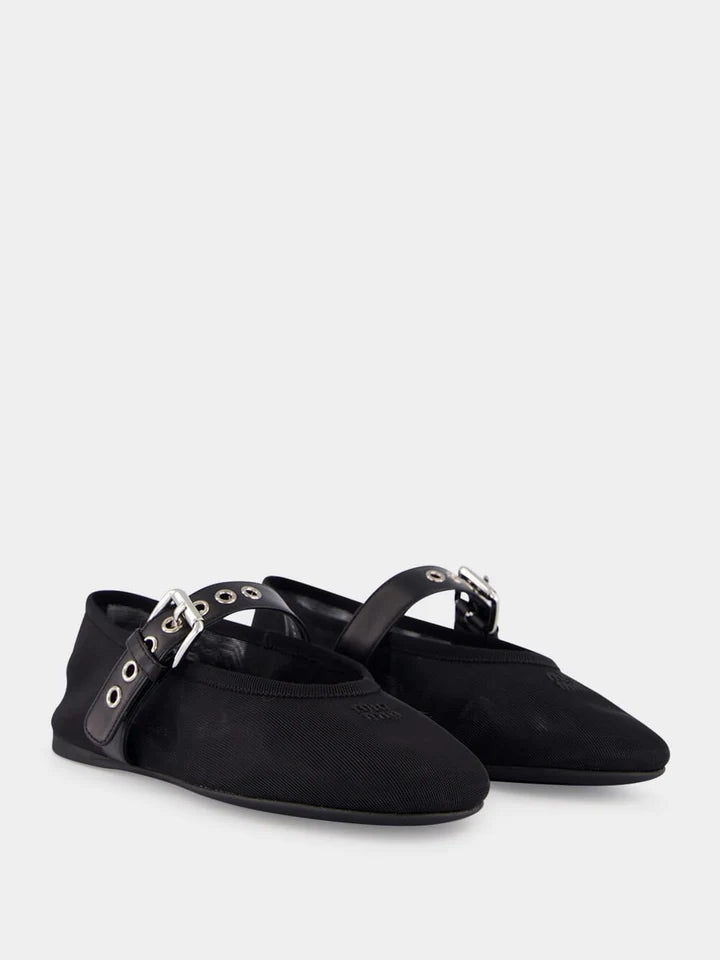 MIU MIU Black Mesh Ballerinas With Leather Strap