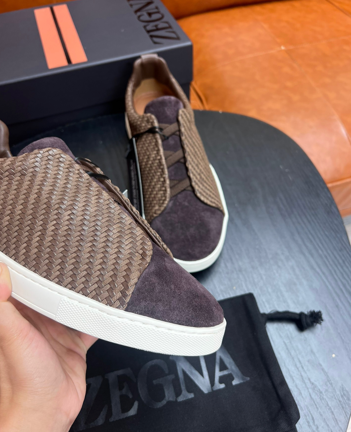 Ermenegildo Zegna Brown Triple stitch PELLETESSUTA Leather and suede