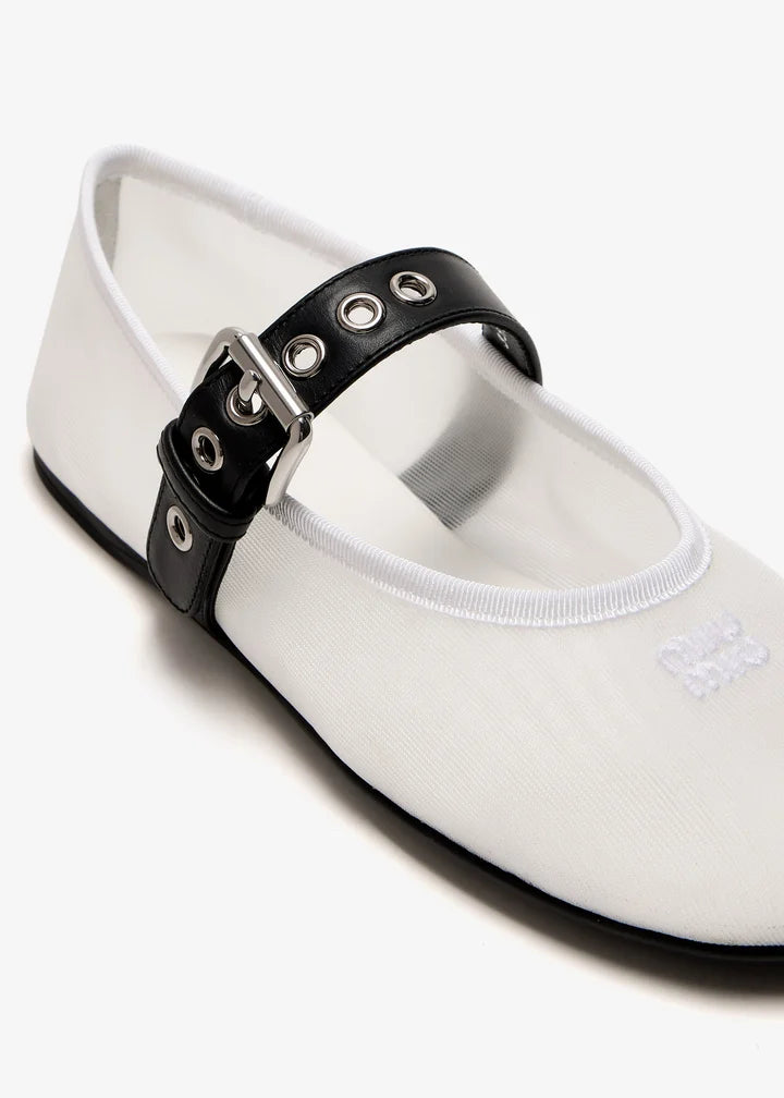 MIU MIU White Mesh Ballerinas With Leather Strap
