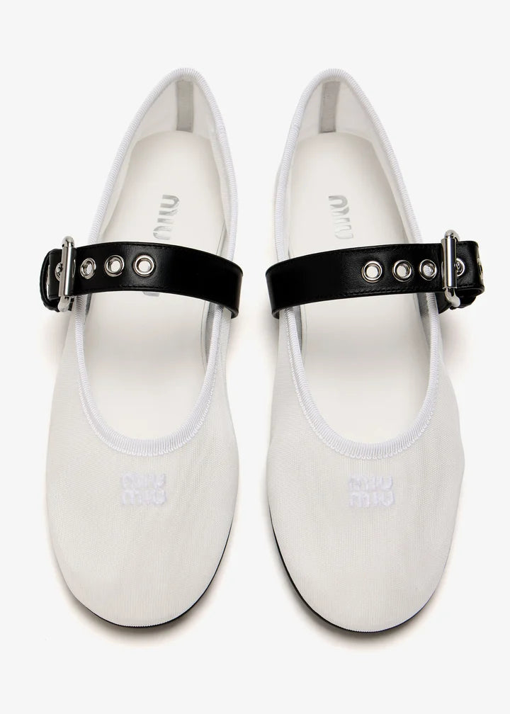 MIU MIU White Mesh Ballerinas With Leather Strap