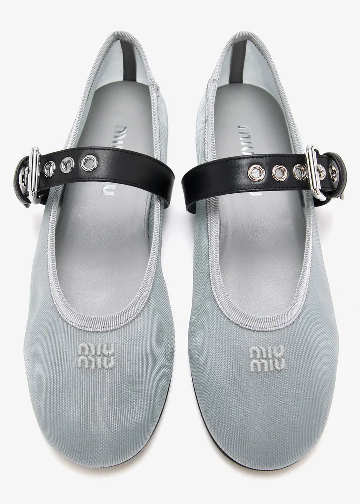 MIU MIU Blue Mesh Ballerinas With Leather Strap