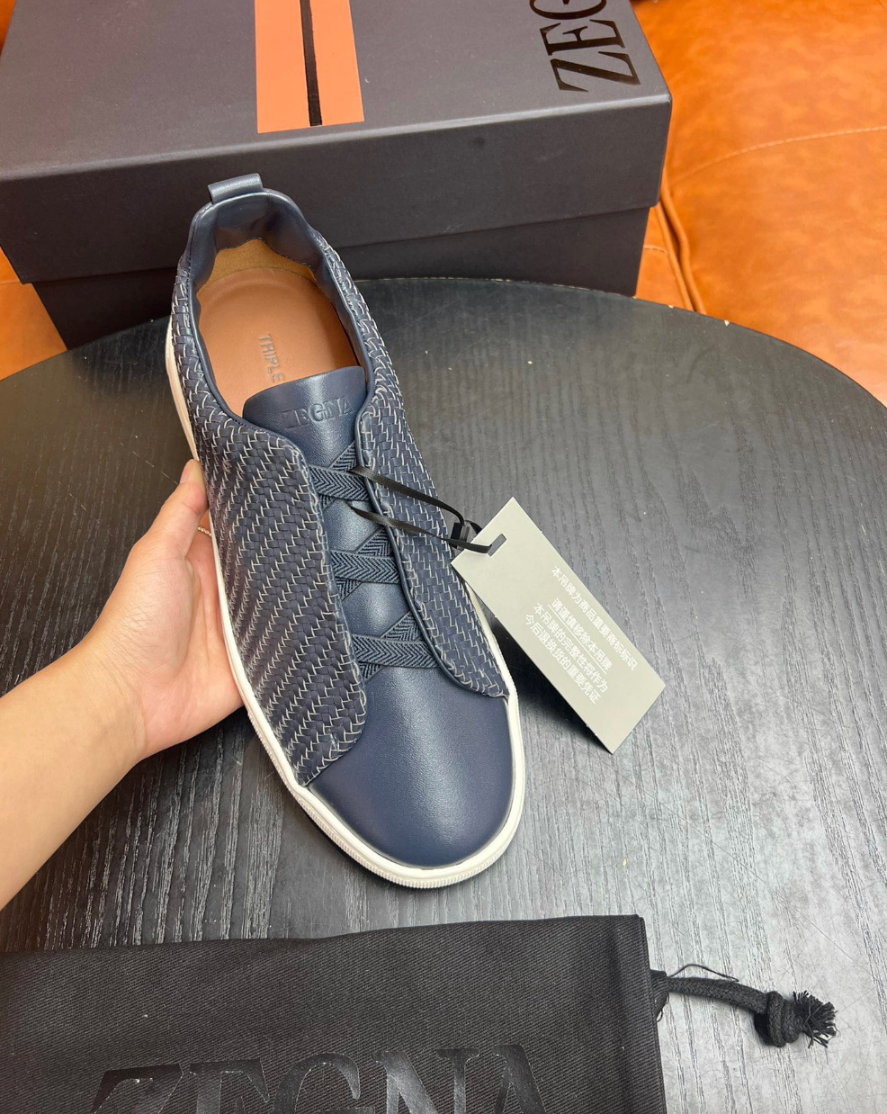 Ermenegildo Zegna Navy Triple stitch PELLETESSUTA Leather