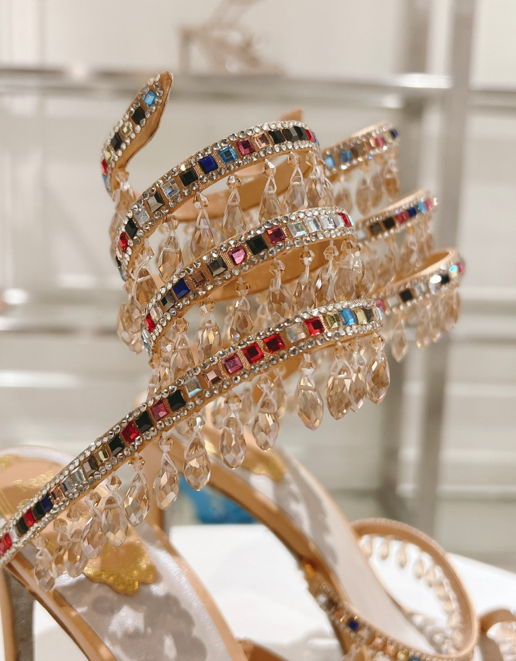 Chandelier embellished Neutral & Multicolor satin sandals