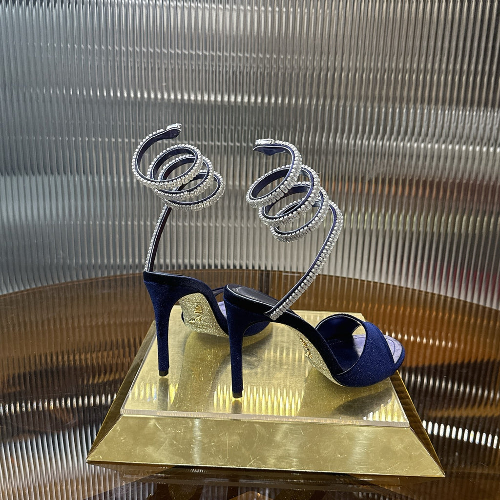Cleo Spark stiletto sandal in Navy Blue velvet with rhinestone embellishments