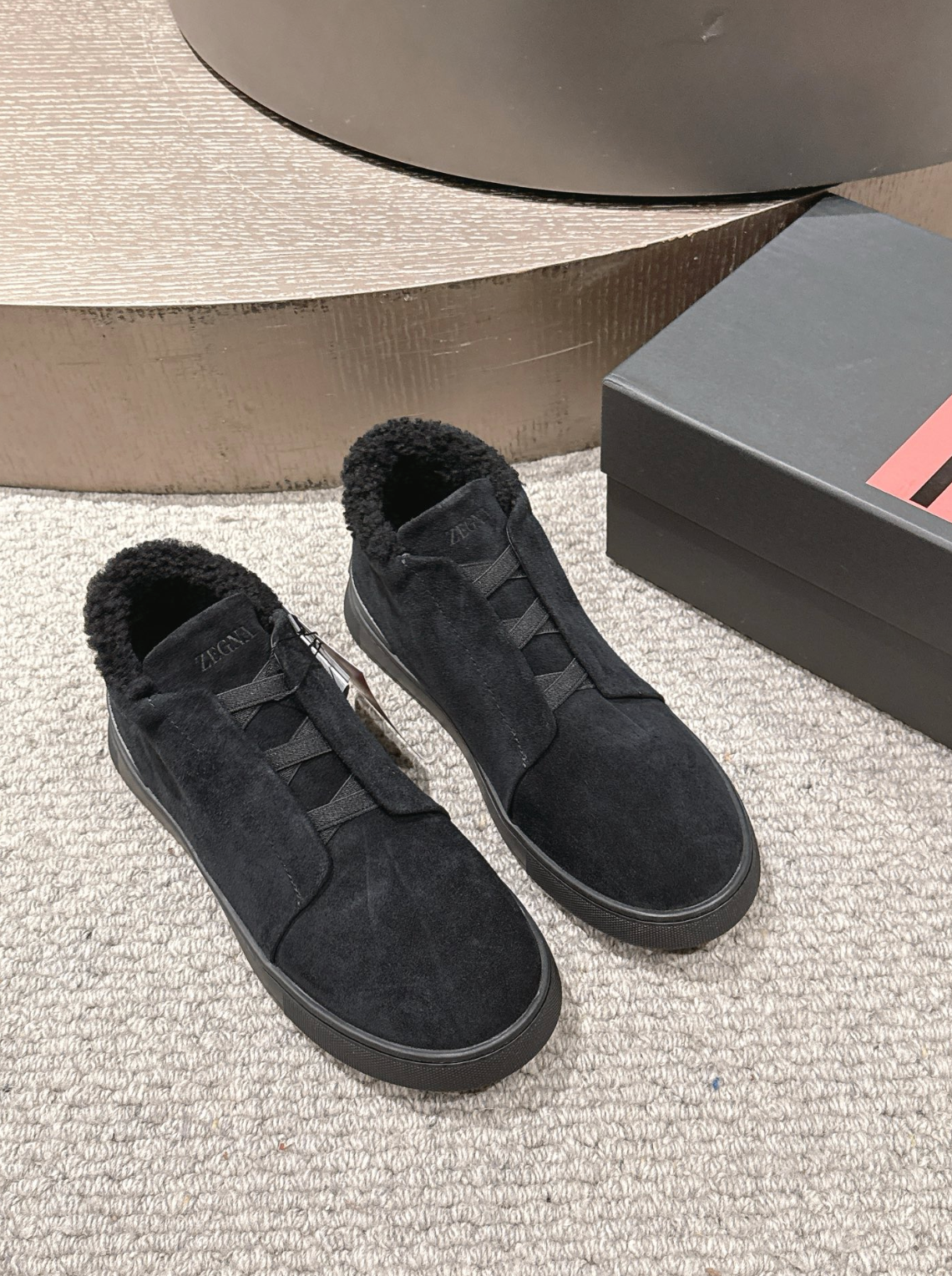 Ermenegildo Zegna black suede deerskin wool Triple Stitch mid-top