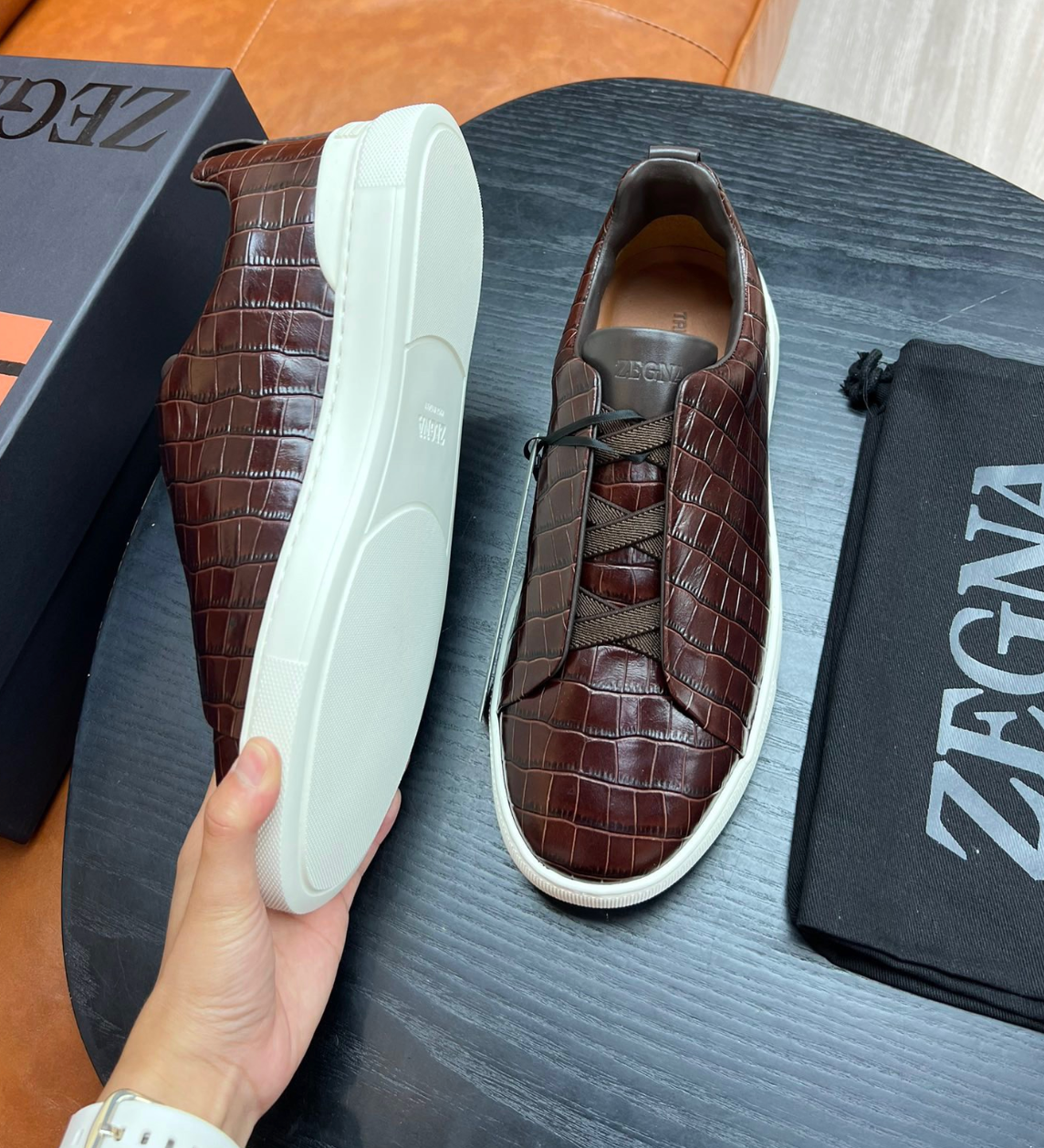 Ermenegildo Zegna Brown Crocodile Leather Triple Stitch