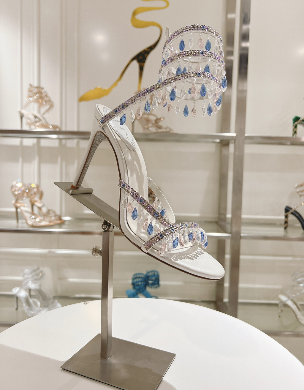Chandelier embellished White satin sandals with Clear/Blue rhinestones