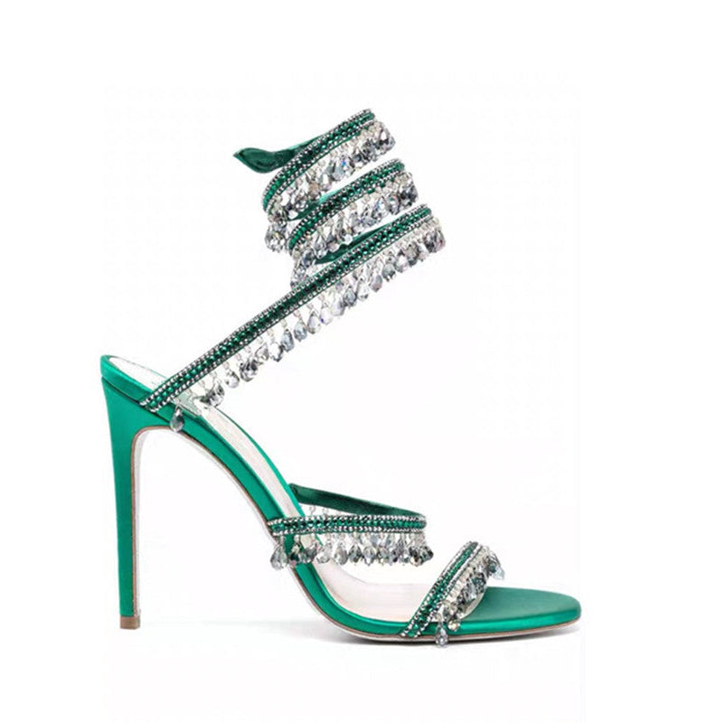 Chandelier embellished Green satin sandals with clear rhinestones