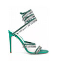 Chandelier embellished Green satin sandals with clear rhinestones
