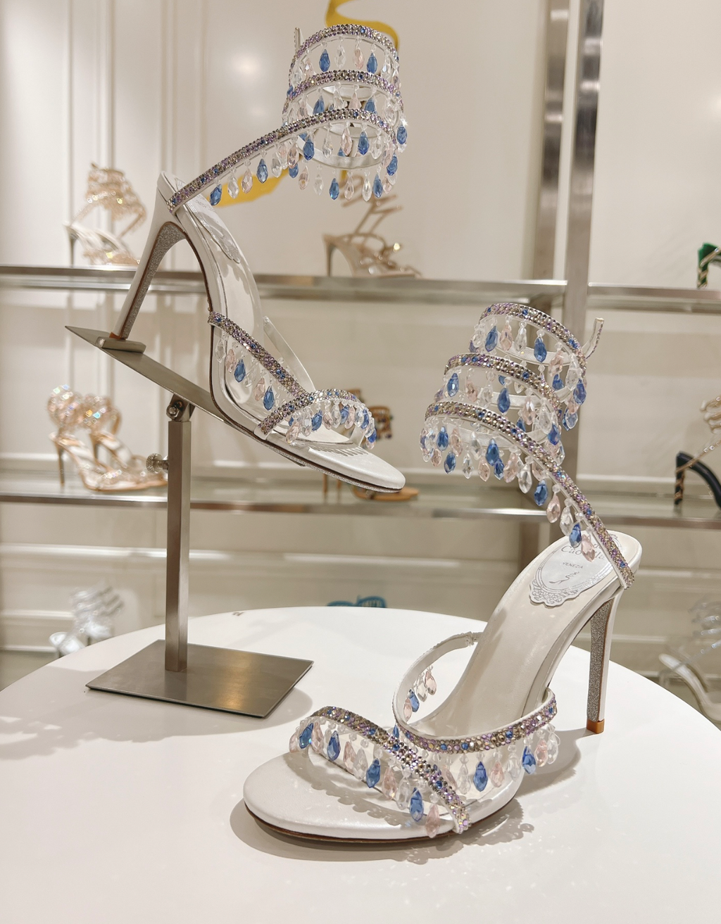 Chandelier embellished White satin sandals with Clear/Blue rhinestones