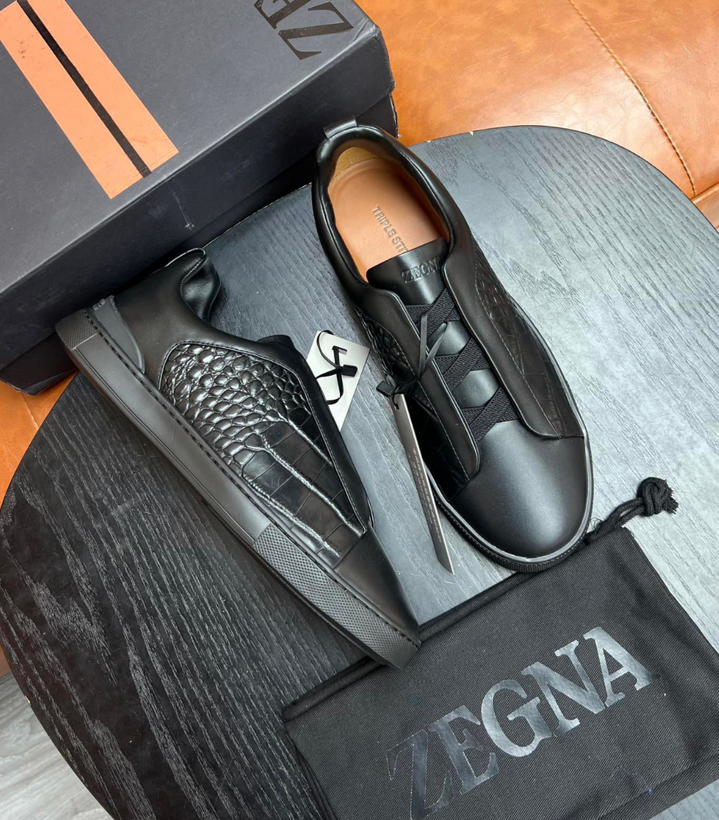Ermenegildo Zegna Dimensions Black Crocodile Leather Triple Stitch
