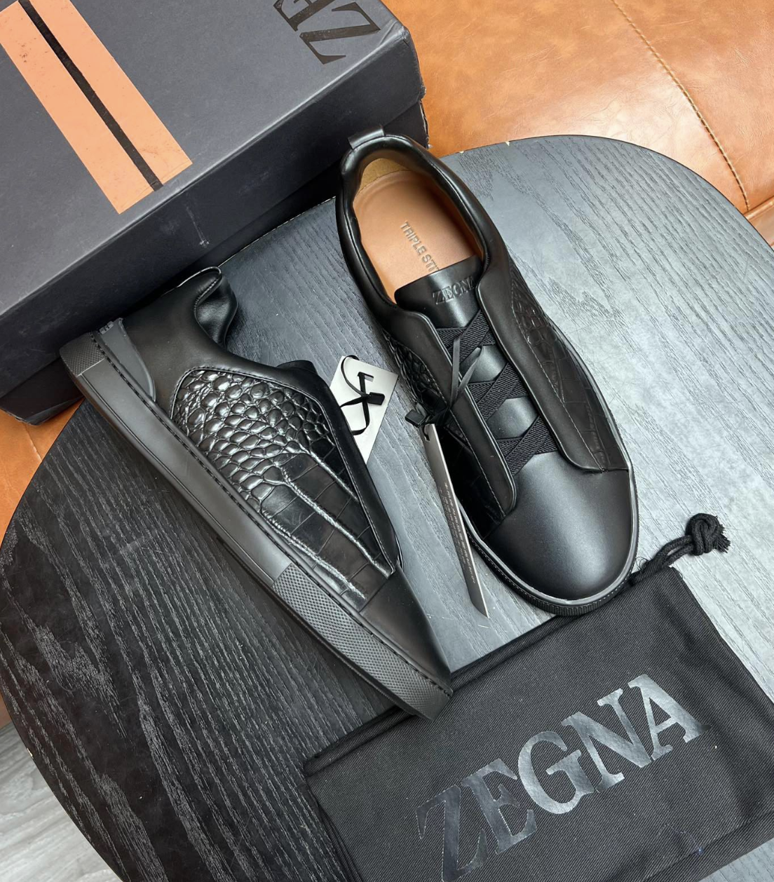 Ermenegildo Zegna Dimensions Black Crocodile Leather Triple Stitch