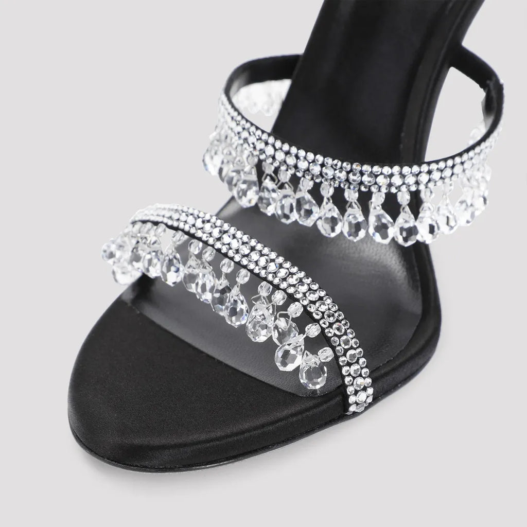 Chandelier embellished Black satin sandals with clear rhinestones