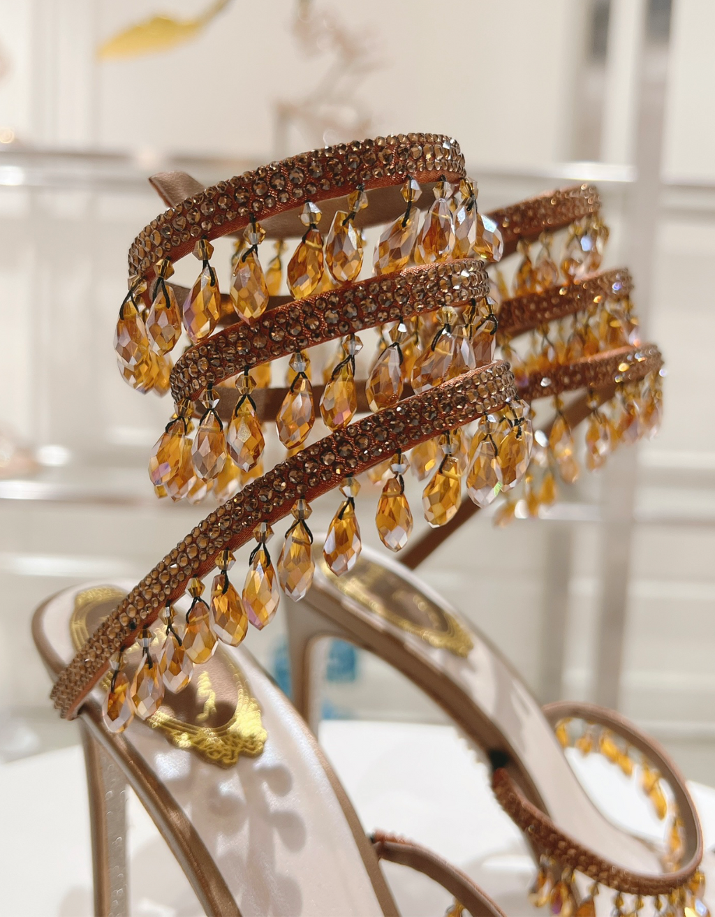 Chandelier embellished Brown satin sandals with rhinestones