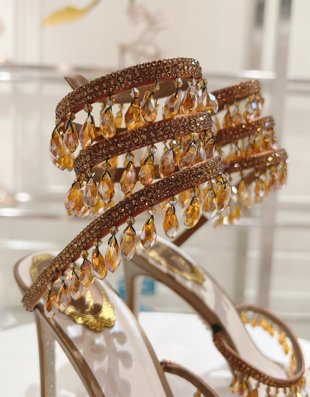 Chandelier embellished Brown satin sandals with rhinestones